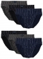 Mobile Preview: 6er Pack mit Streifen bedruckte Herren Slip mit den Grundfarben Blau Grau und Schwarz