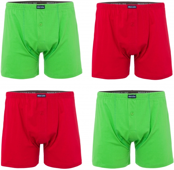 4 Boxershort mit einer extra weiten Beinöffnung mit Knopf und Eingriff in grün und rot  100 Prozent Baumwolle