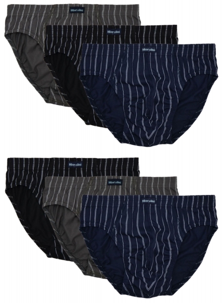 6er Pack mit Streifen bedruckte Herren Slip mit den Grundfarben Blau Grau und Schwarz